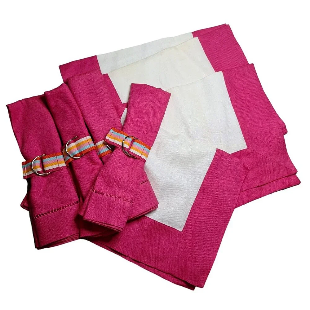 Pottary Barn Pink Napkin Placemat Set 4 Belt Rainbow‎ Ring Discolored Hot Bright